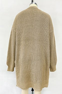Slouchy Puff Sleeve Longline Knit Cardigan - LT-Taupe - 2