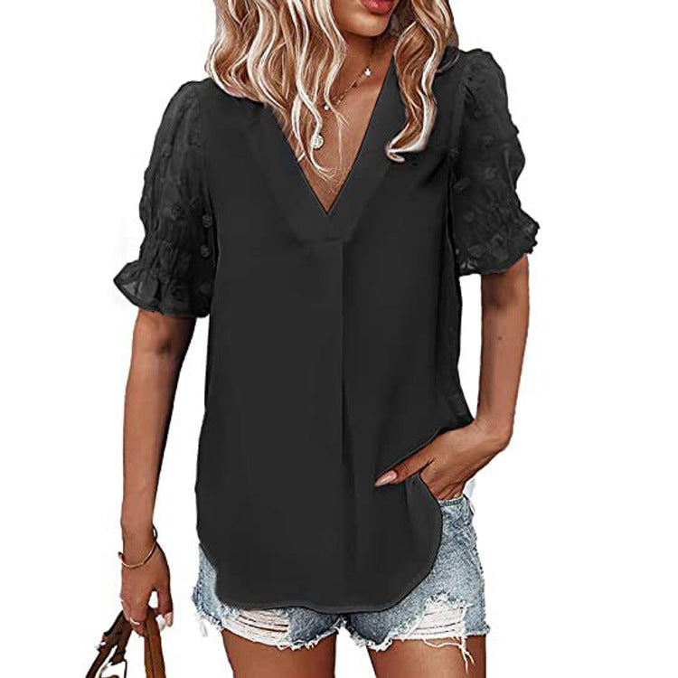 Chiffon Blouse with Textured Puff Sleeves - Black