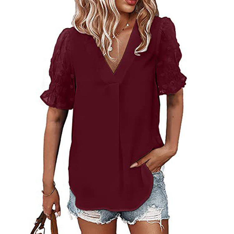Chiffon Blouse with Textured Puff Sleeves - Burgundy