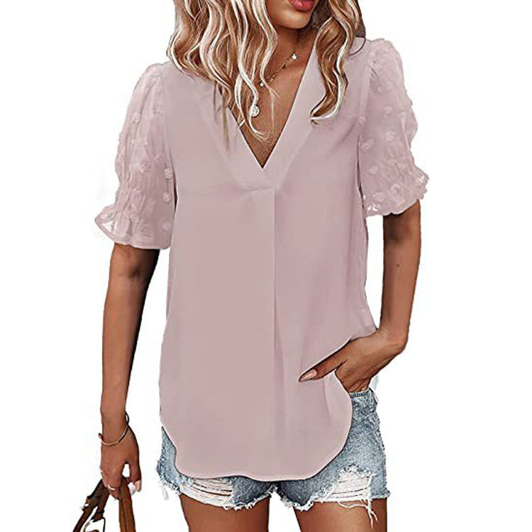 Chiffon Blouse with Textured Puff Sleeves - Pink