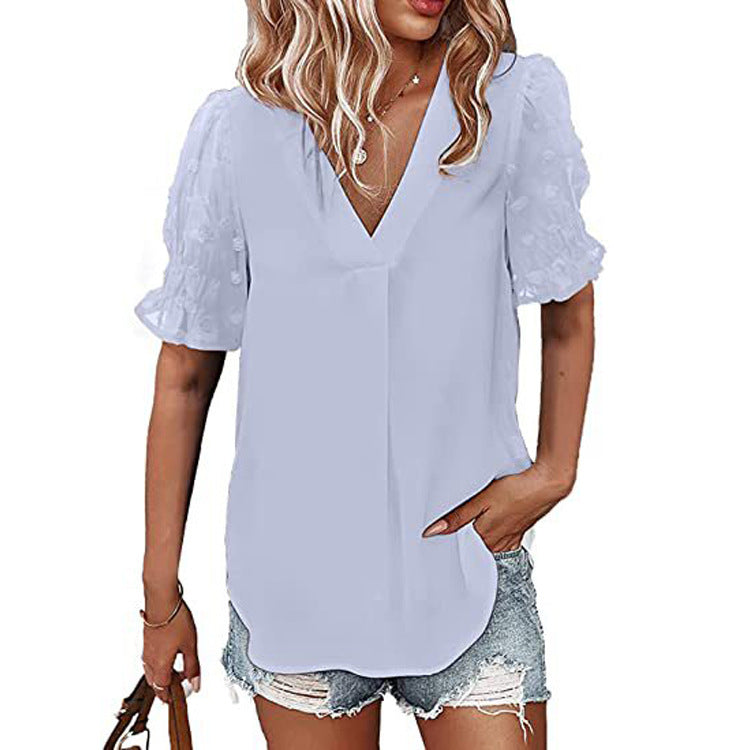 Chiffon Blouse with Textured Puff Sleeves - Sky Blue