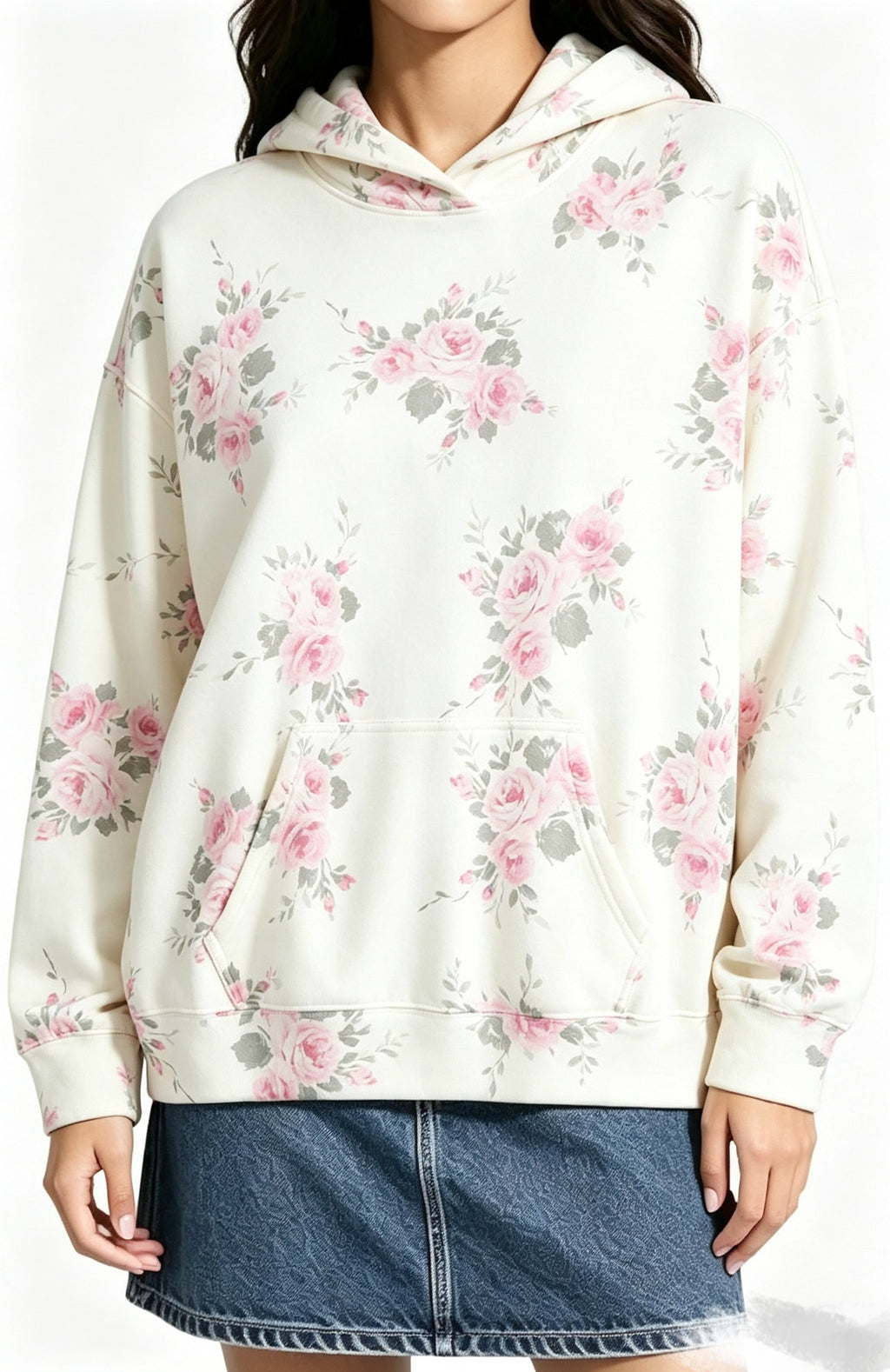 Oversized Print Pullover Hoodie with Kangaroo Pocket - Floral