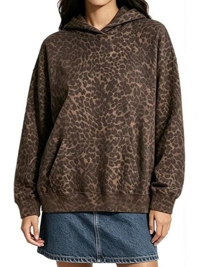 Oversized Print Pullover Hoodie with Kangaroo Pocket - Leo_Brown