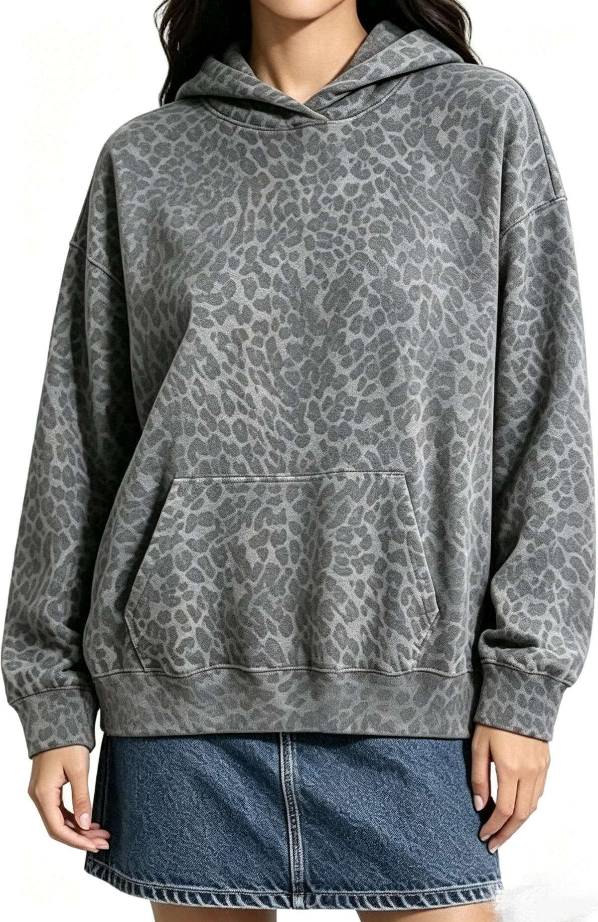 Oversized Print Pullover Hoodie with Kangaroo Pocket - Leo_Gray