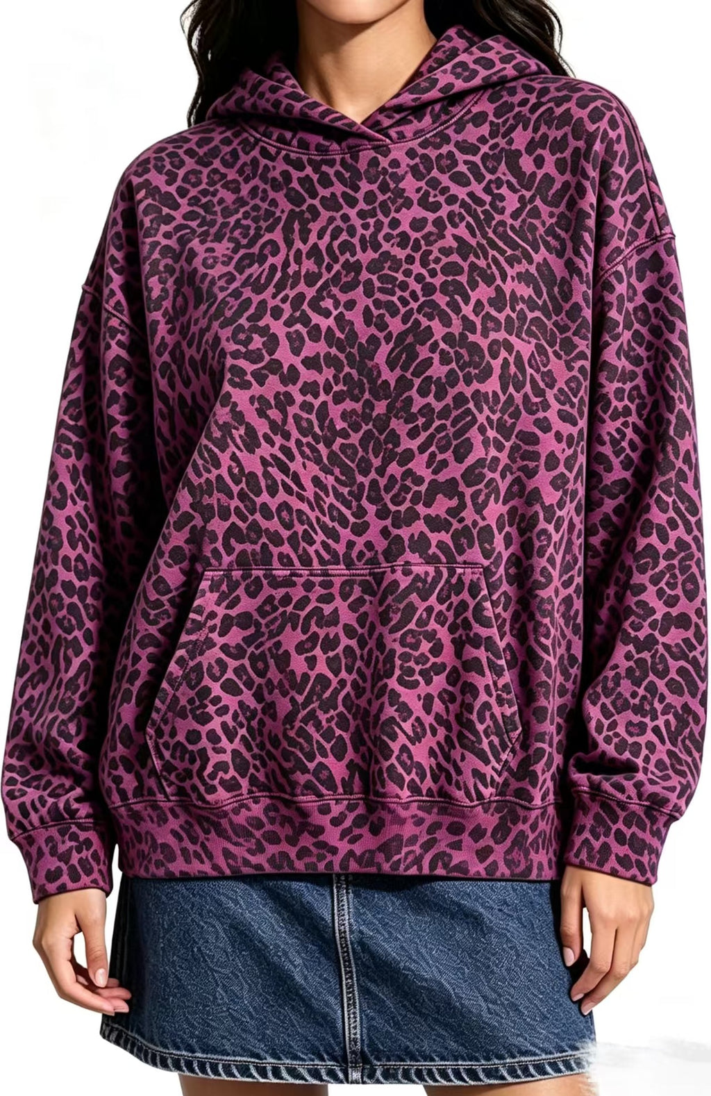 Oversized Print Pullover Hoodie with Kangaroo Pocket - Leo_Purple