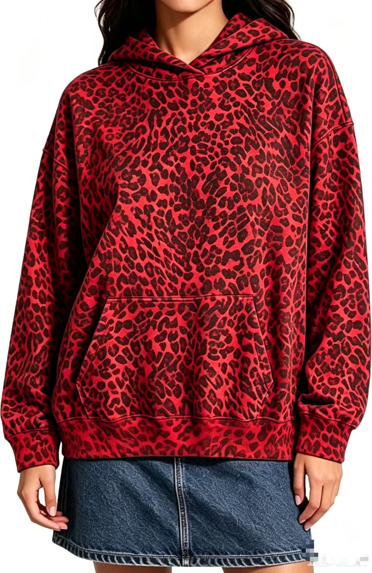Oversized Print Pullover Hoodie with Kangaroo Pocket - Leo_Red