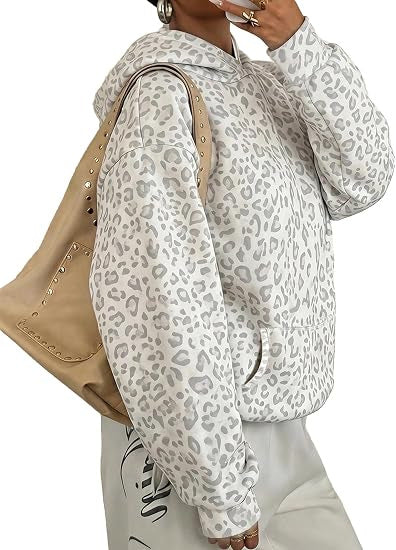Oversized Print Pullover Hoodie with Kangaroo Pocket - Leo_White
