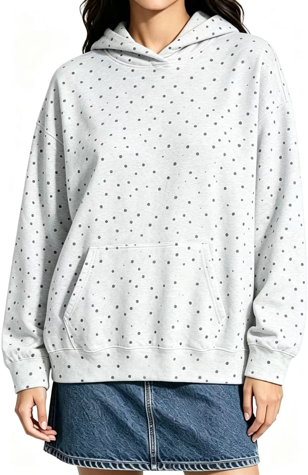Oversized Print Pullover Hoodie with Kangaroo Pocket - Polka_White