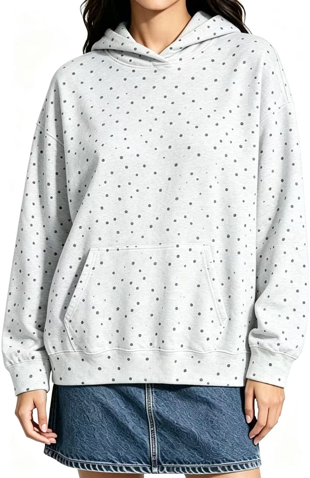 Oversized Print Pullover Hoodie with Kangaroo Pocket - Polka_White