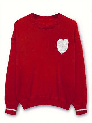 Heart Motif Crew Neck Pullover Sweater - Red