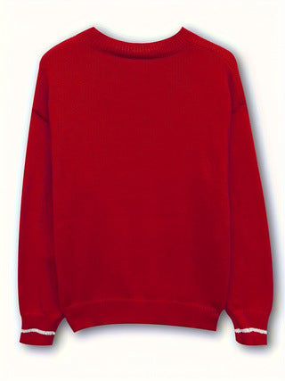 Heart Motif Crew Neck Pullover Sweater - Red - 3