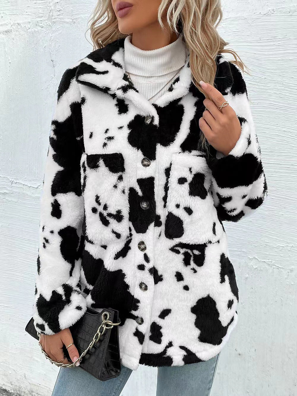 Cow Print Fuzzy Faux Fur Coat - Print - 1