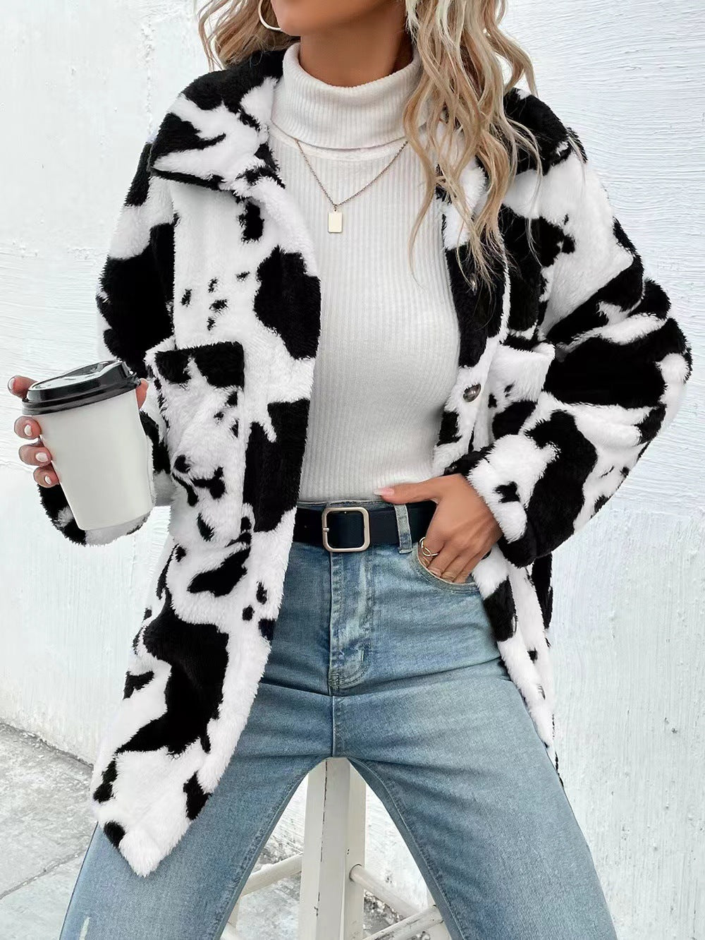 Cow Print Fuzzy Faux Fur Coat - Print - 2