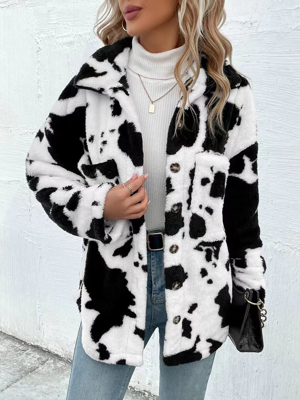 Cow Print Fuzzy Faux Fur Coat - Print - 3