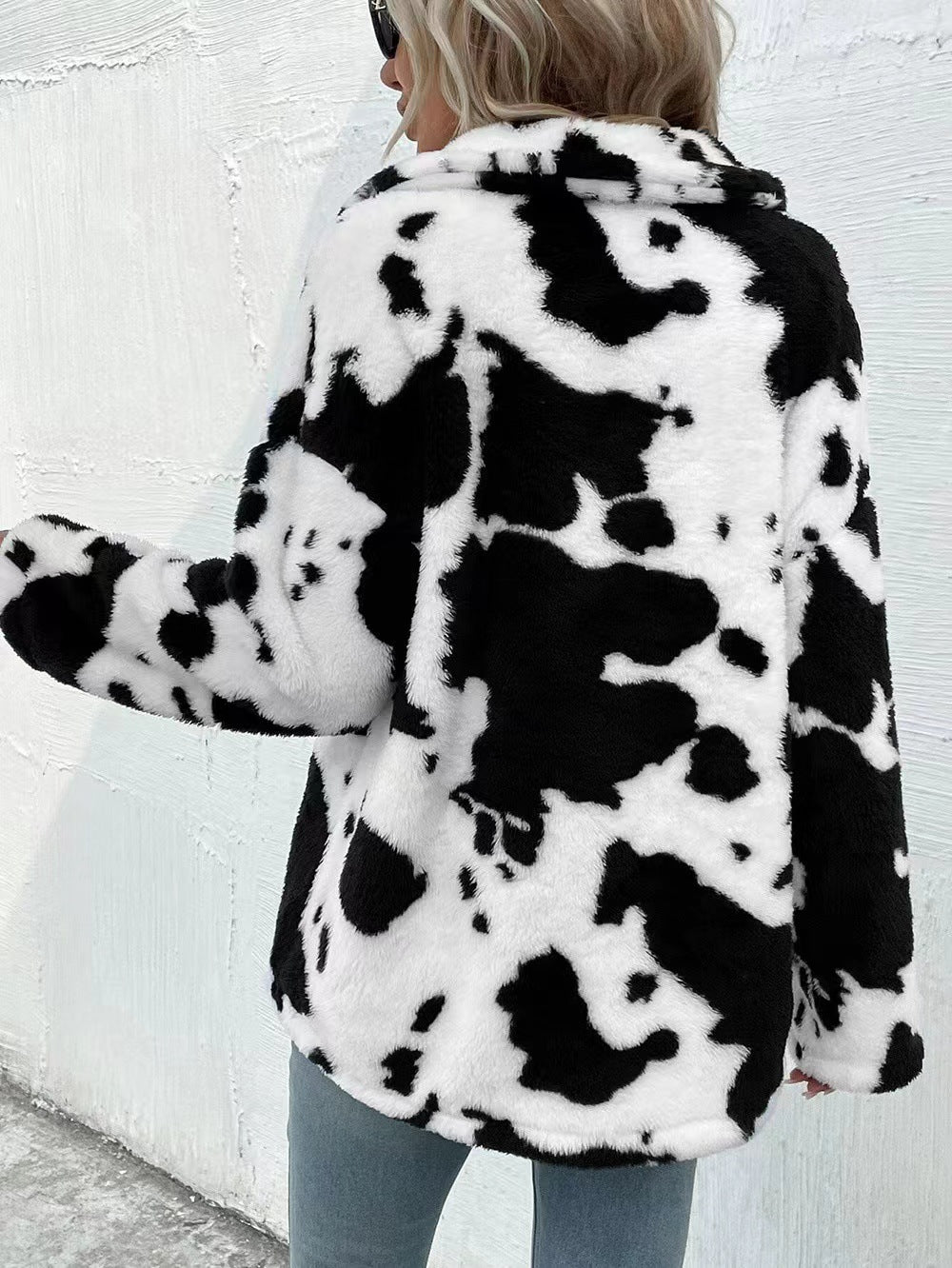 Cow Print Fuzzy Faux Fur Coat - Print - 4
