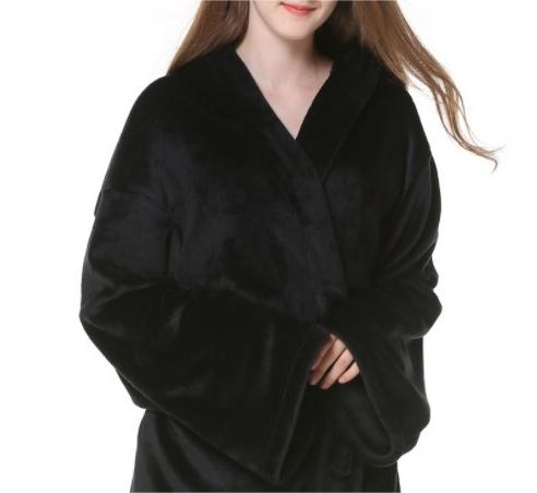 Hooded Plush Fleece Wrap Robe With Belt - Black
