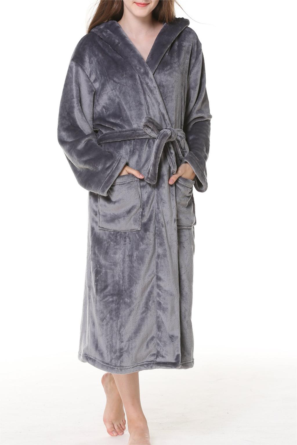 Hooded Plush Fleece Wrap Robe With Belt - DarkGrey