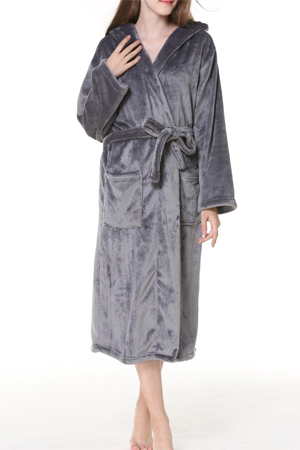 Hooded Plush Fleece Wrap Robe With Belt - DarkGrey - 2