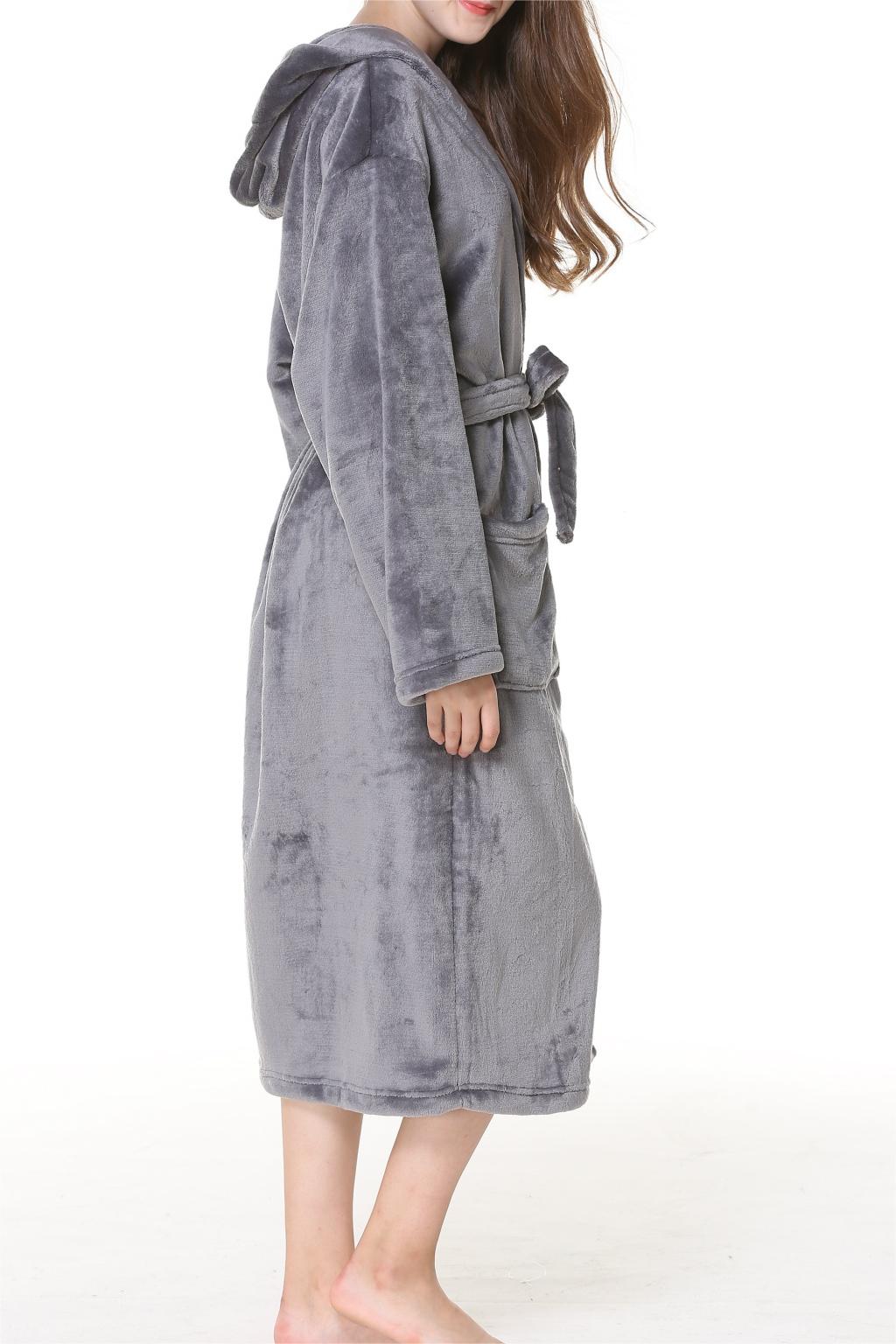 Hooded Plush Fleece Wrap Robe With Belt - DarkGrey - 3
