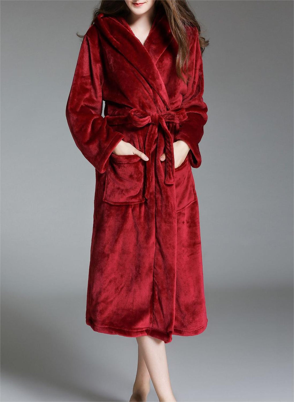 Hooded Plush Fleece Wrap Robe With Belt - Wine_Red