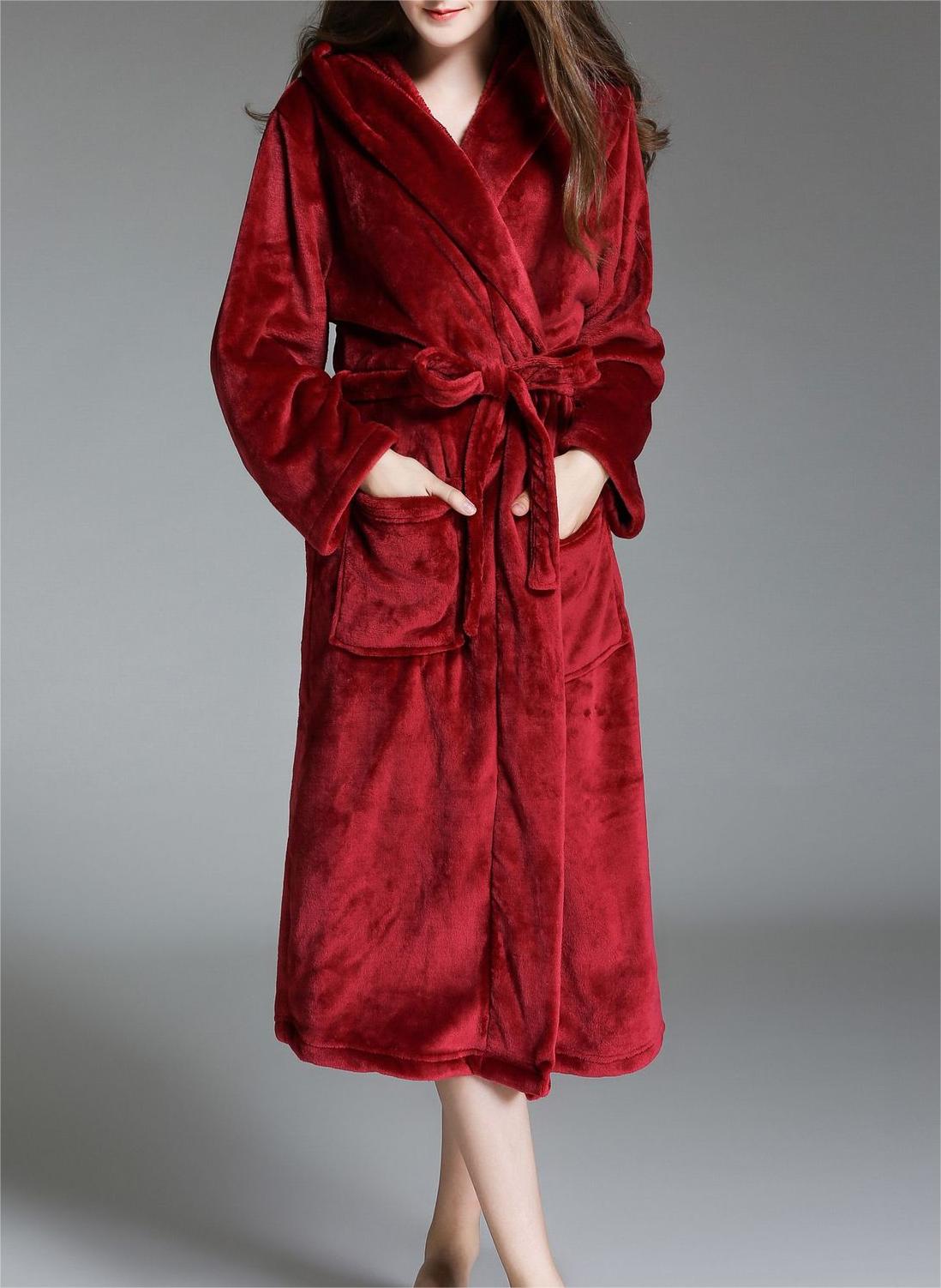Hooded Plush Fleece Wrap Robe With Belt - Wine_Red