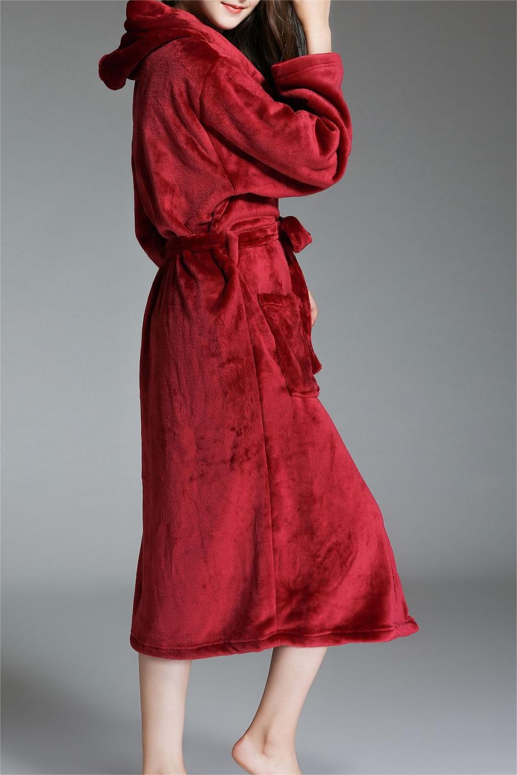 Hooded Plush Fleece Wrap Robe With Belt - Wine_Red - 2