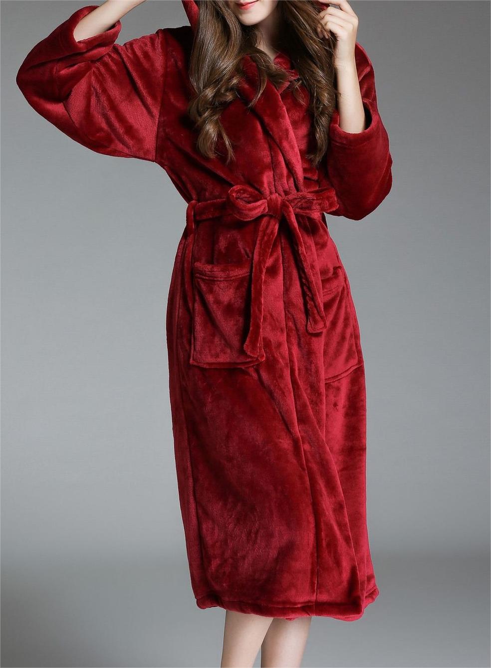 Hooded Plush Fleece Wrap Robe With Belt - Wine_Red - 4
