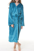 Hooded Plush Fleece Wrap Robe With Belt - blue