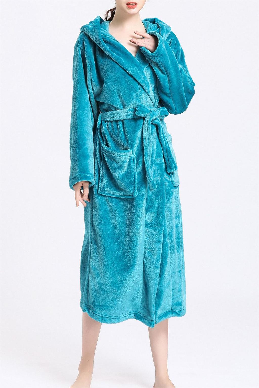 Hooded Plush Fleece Wrap Robe With Belt - blue - 2