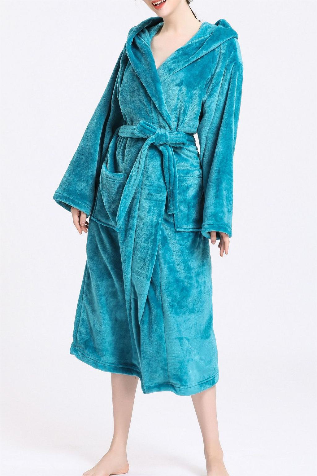 Hooded Plush Fleece Wrap Robe With Belt - blue - 3