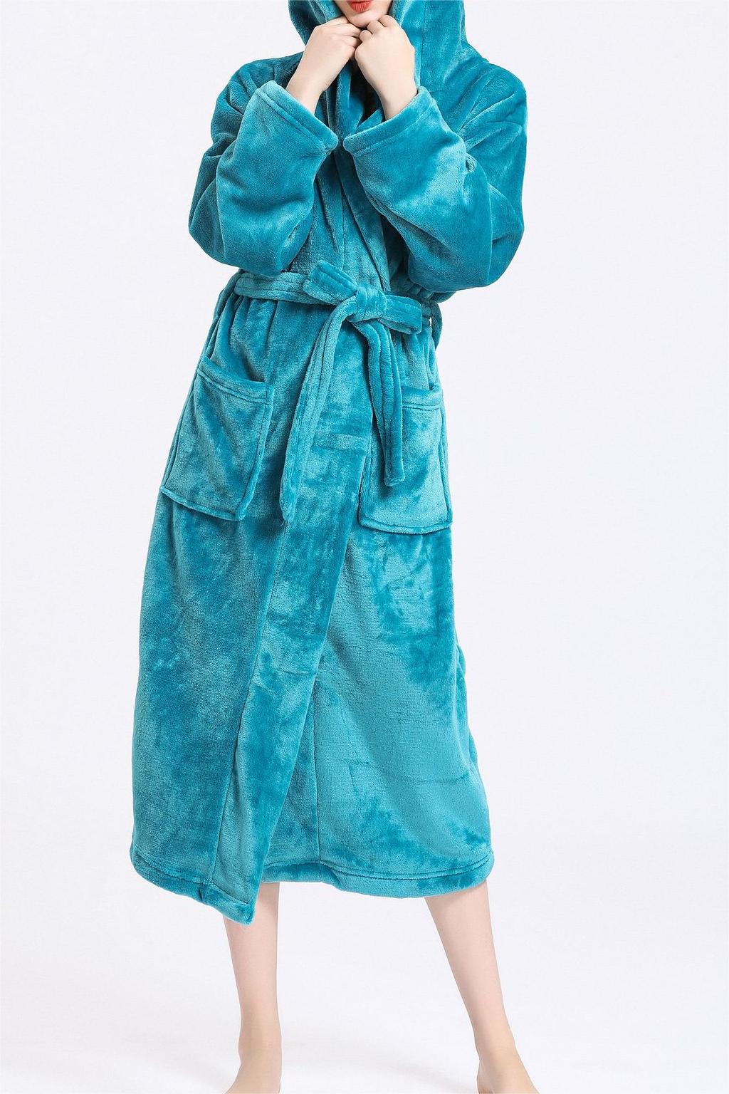 Hooded Plush Fleece Wrap Robe With Belt - blue - 4