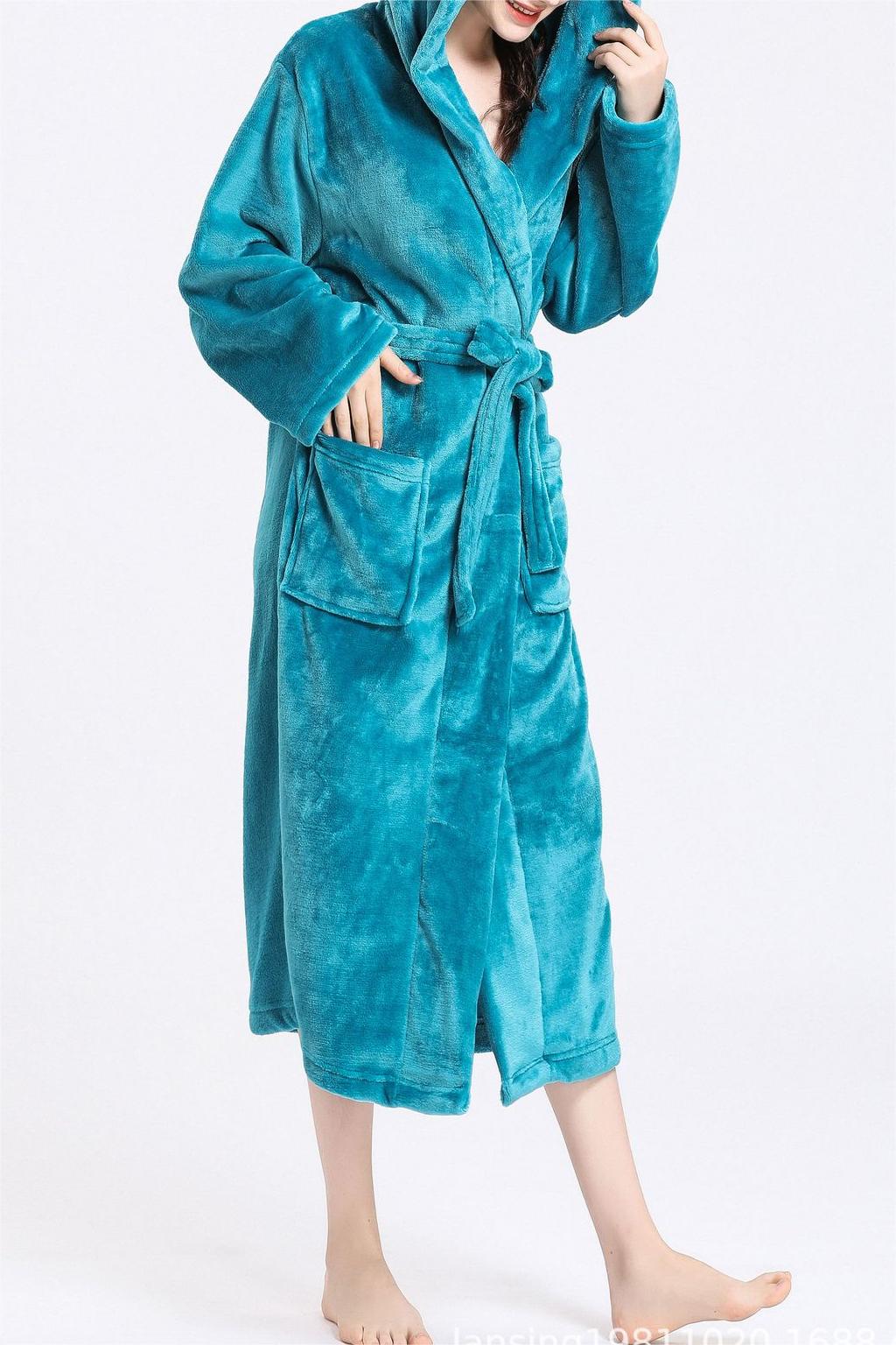 Hooded Plush Fleece Wrap Robe With Belt - blue - 5
