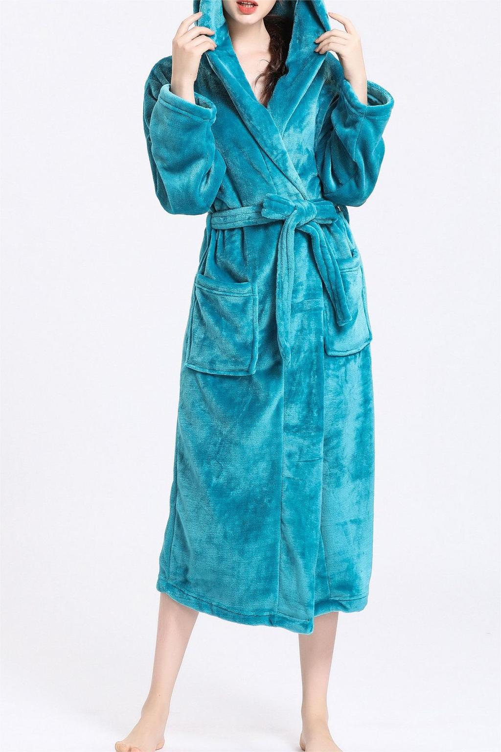 Hooded Plush Fleece Wrap Robe With Belt - blue - 6