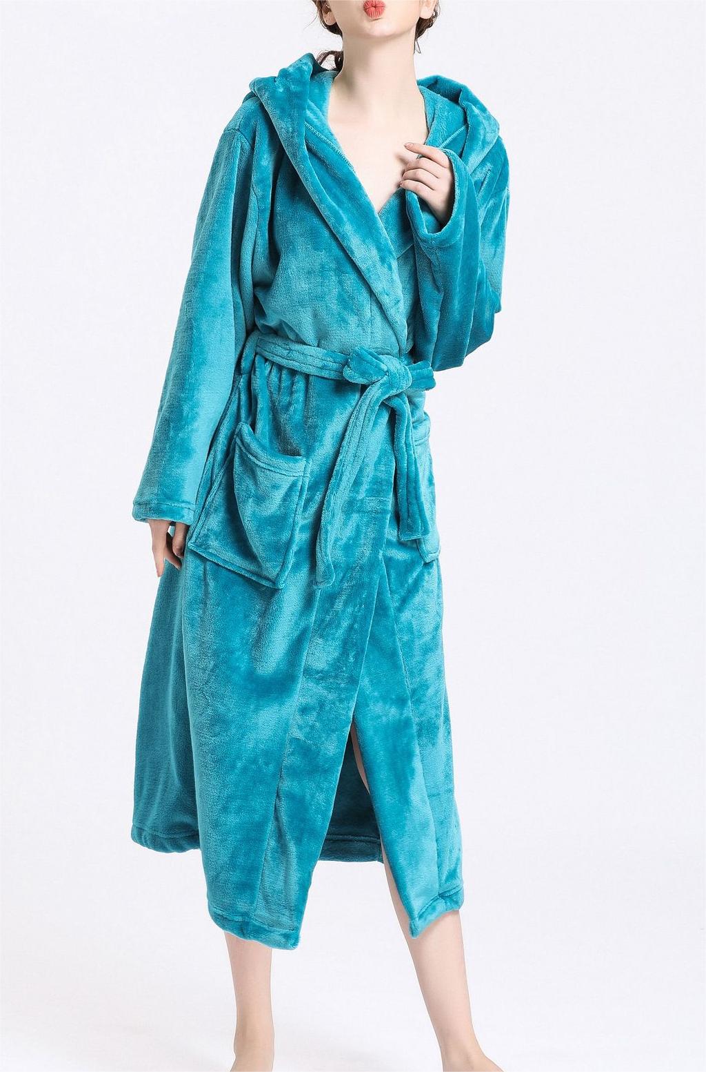 Hooded Plush Fleece Wrap Robe With Belt - blue - 7