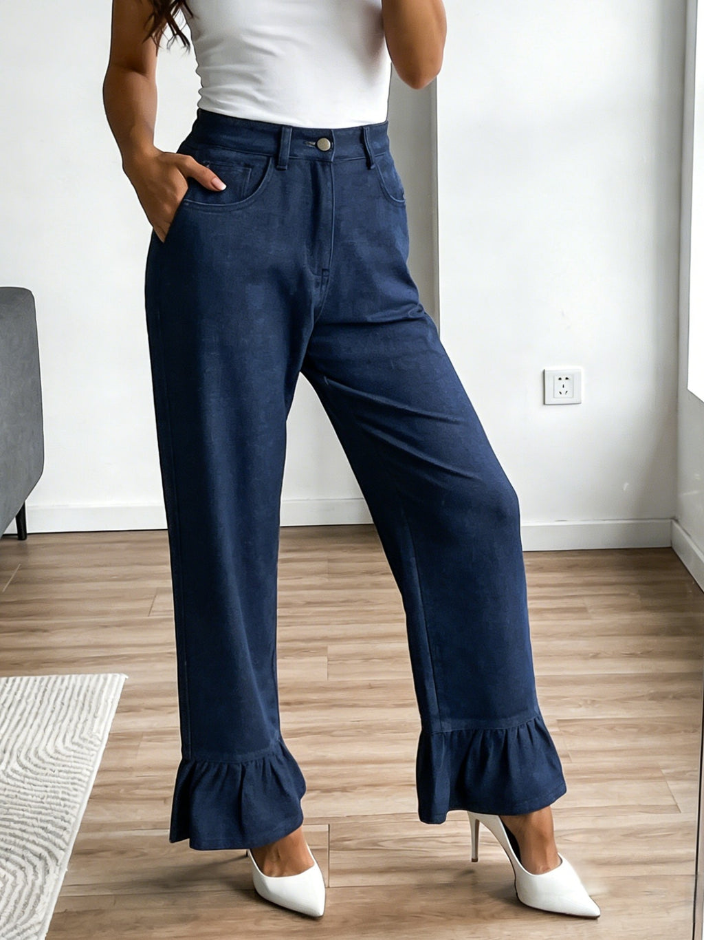 Flounce Cuff High Rise Wide Leg Jeans - Dark