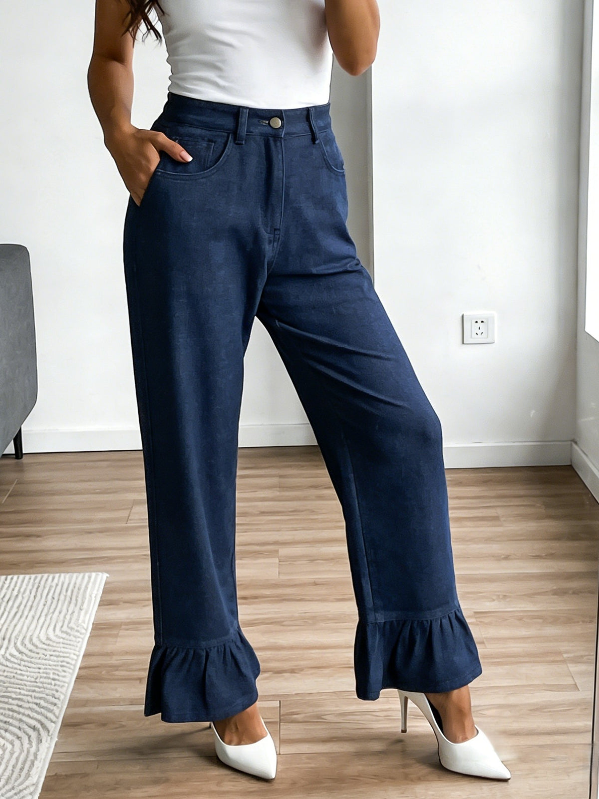 Flounce Cuff High Rise Wide Leg Jeans - Dark
