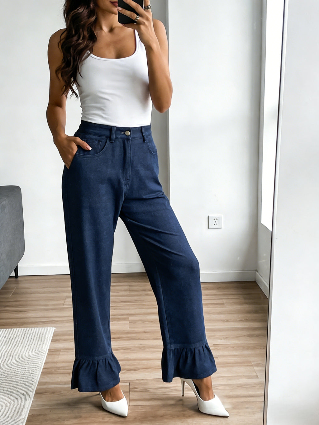 Flounce Cuff High Rise Wide Leg Jeans - Dark - 1