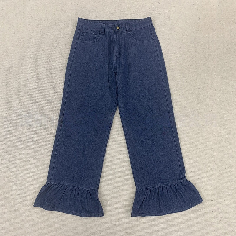 Flounce Cuff High Rise Wide Leg Jeans - Dark - 4