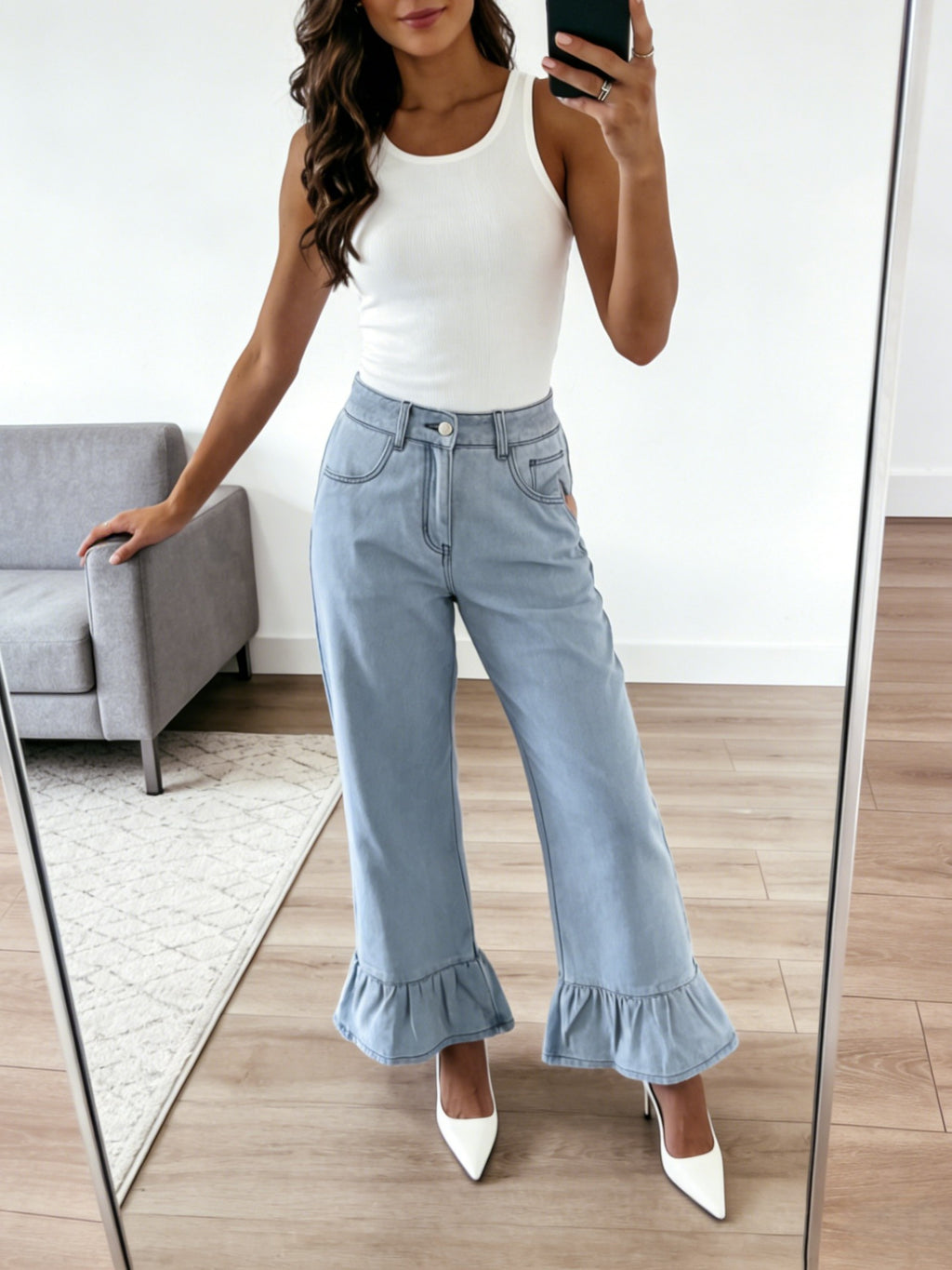 Flounce Cuff High Rise Wide Leg Jeans - Light - 2