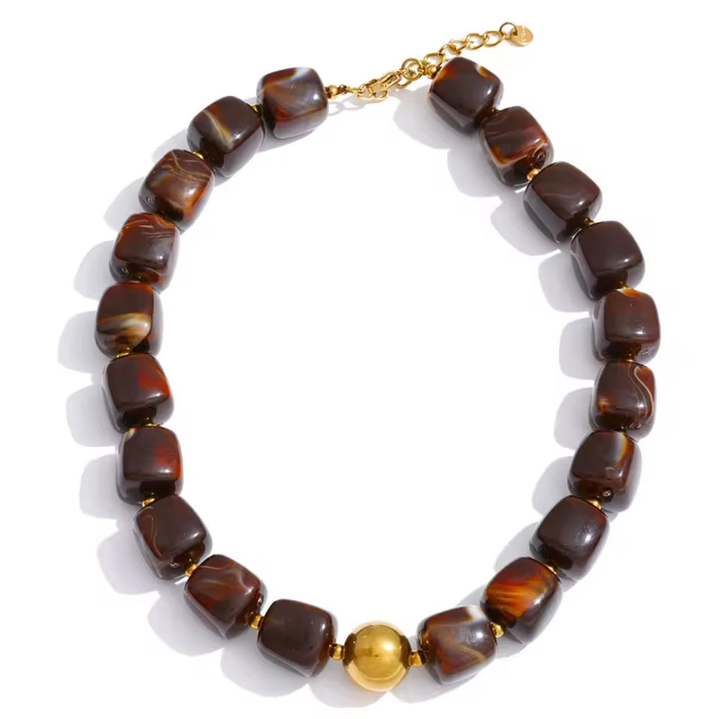 Chunky Resin Cube Bead Necklace With Adjustable Chain - Dark_Coffee