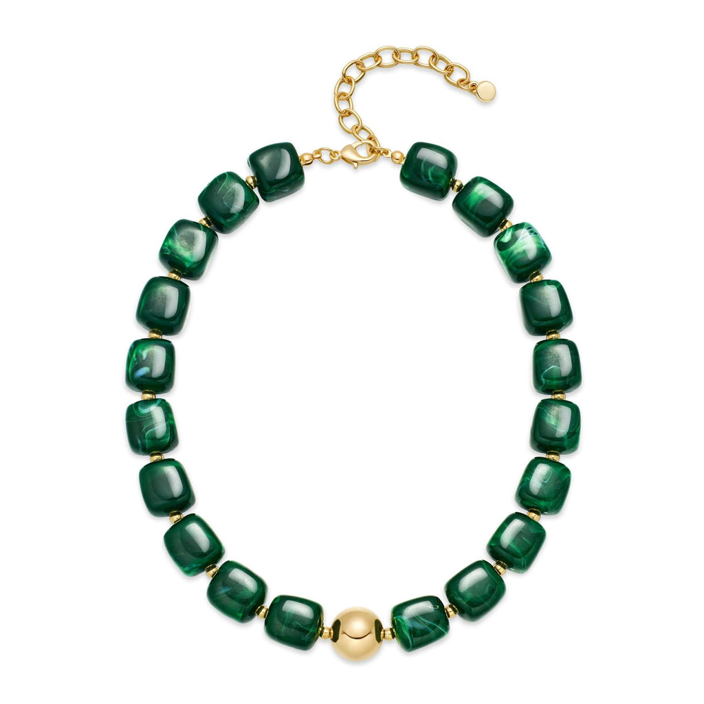 Chunky Resin Cube Bead Necklace With Adjustable Chain - Dark_Green