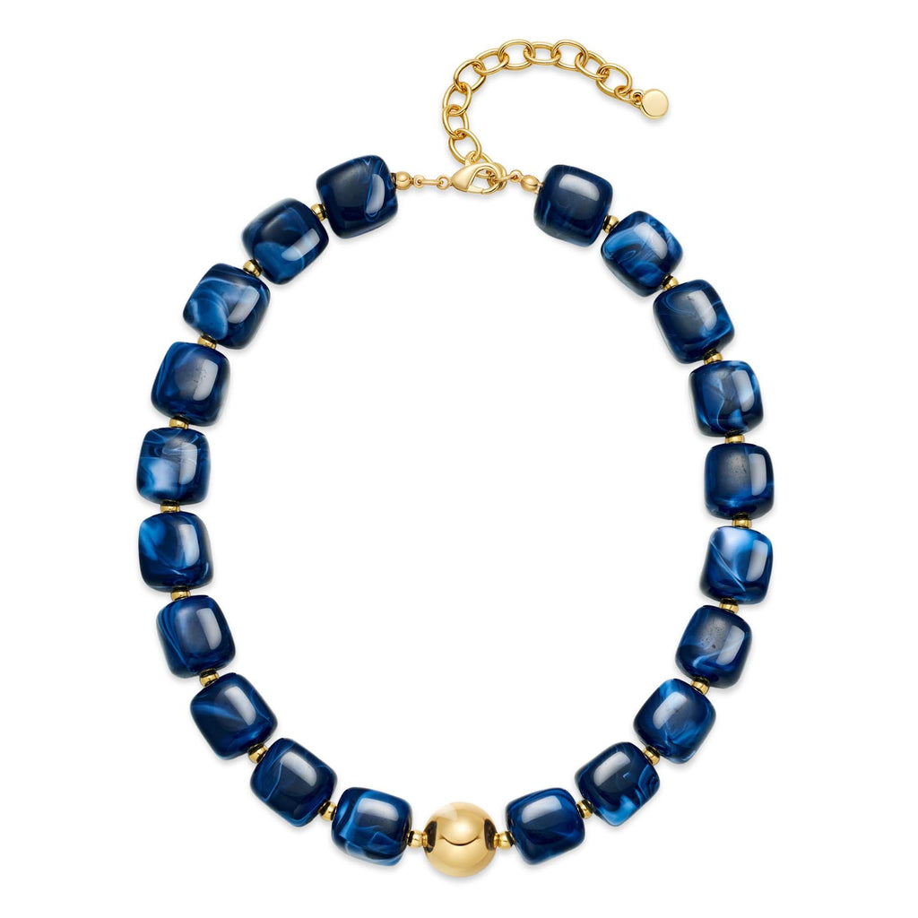 Chunky Resin Cube Bead Necklace With Adjustable Chain - Deep_Blue