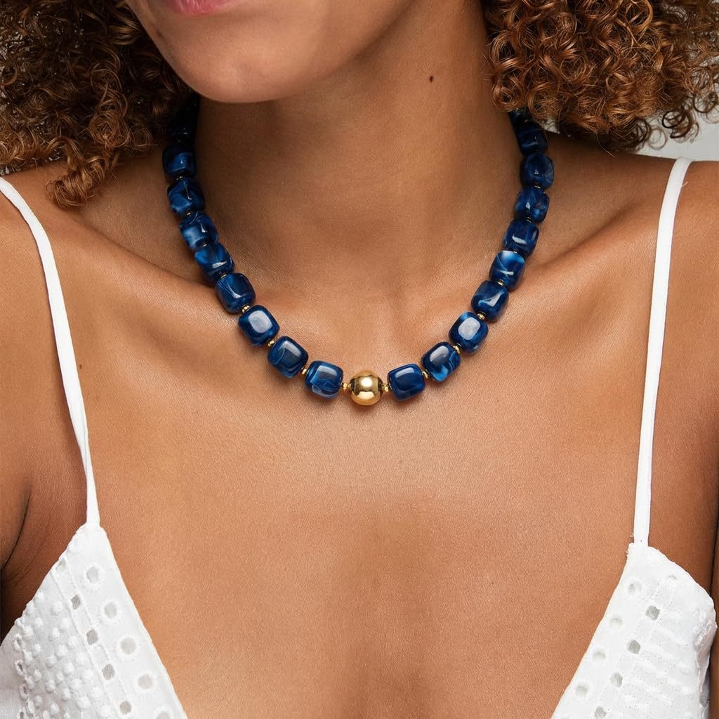 Chunky Resin Cube Bead Necklace With Adjustable Chain - Deep_Blue - 1