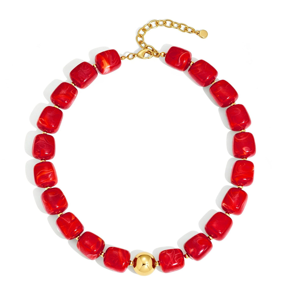 Chunky Resin Cube Bead Necklace With Adjustable Chain - Deep_Red