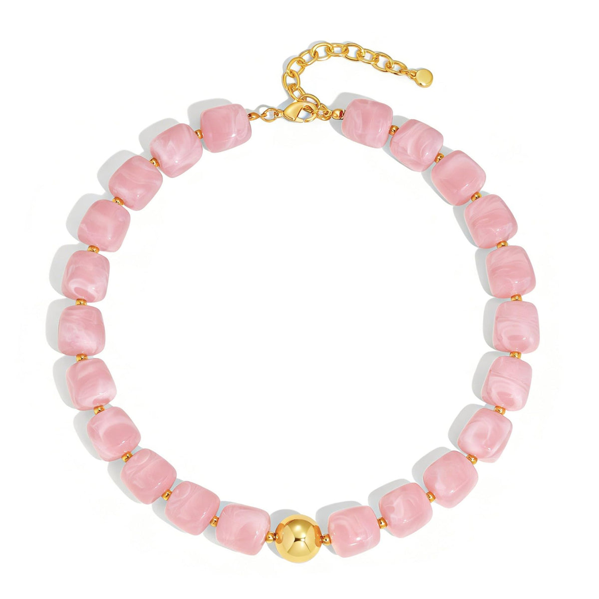 Chunky Resin Cube Bead Necklace With Adjustable Chain - Pink
