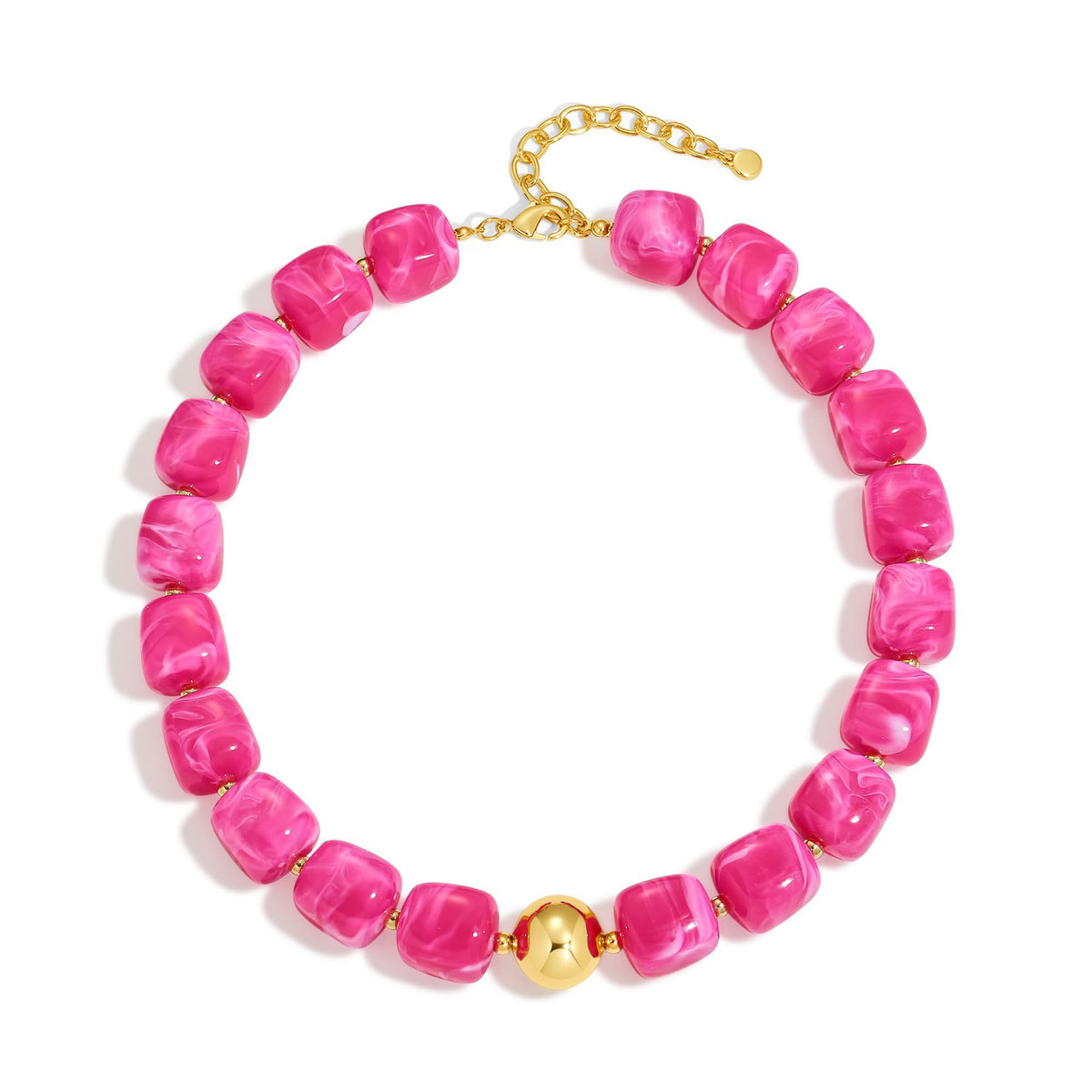 Chunky Resin Cube Bead Necklace With Adjustable Chain - Rose_Red