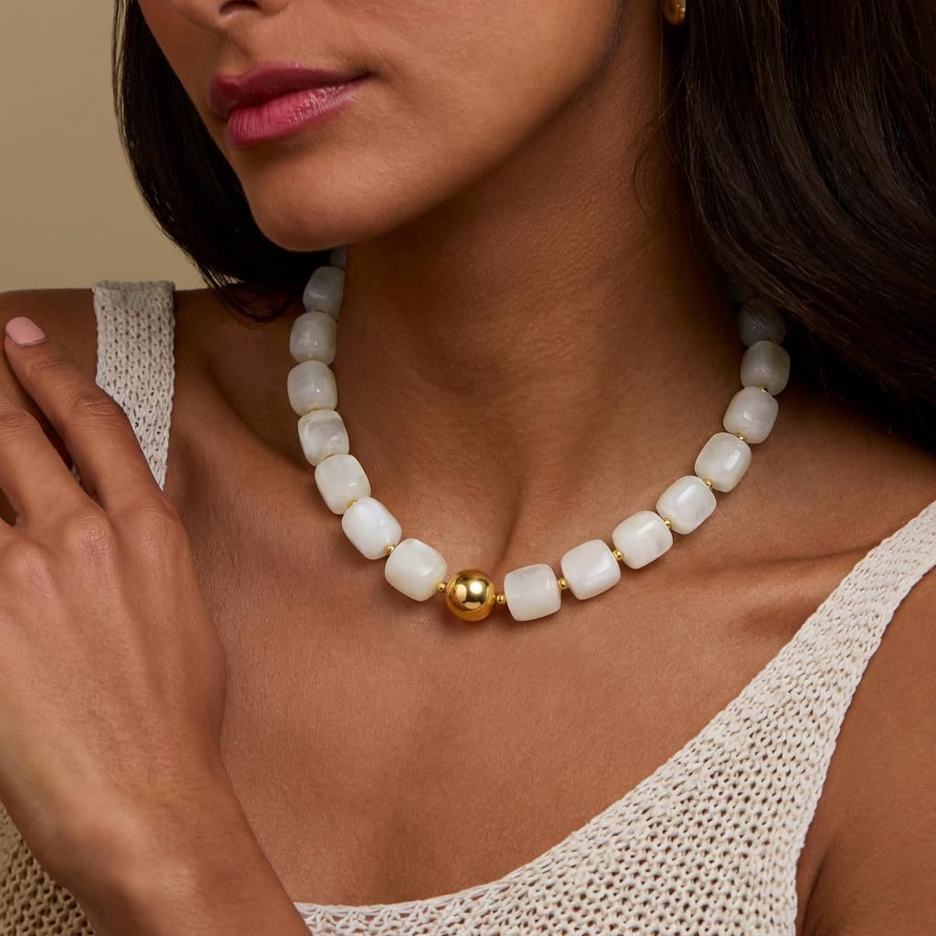 Chunky Resin Cube Bead Necklace With Adjustable Chain - White - 1