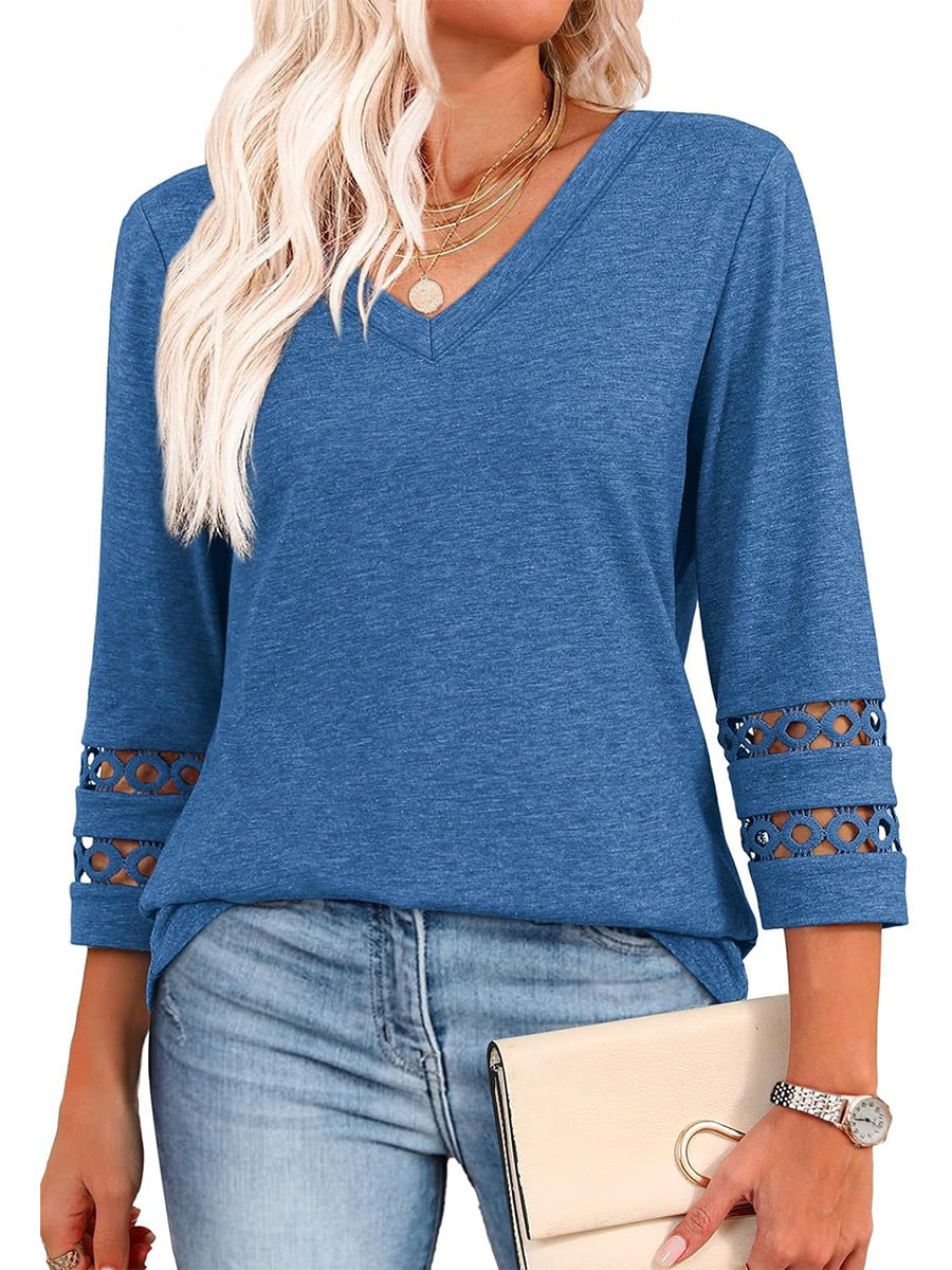 Crochet Sleeve Trim V Neck Shirt - Blue