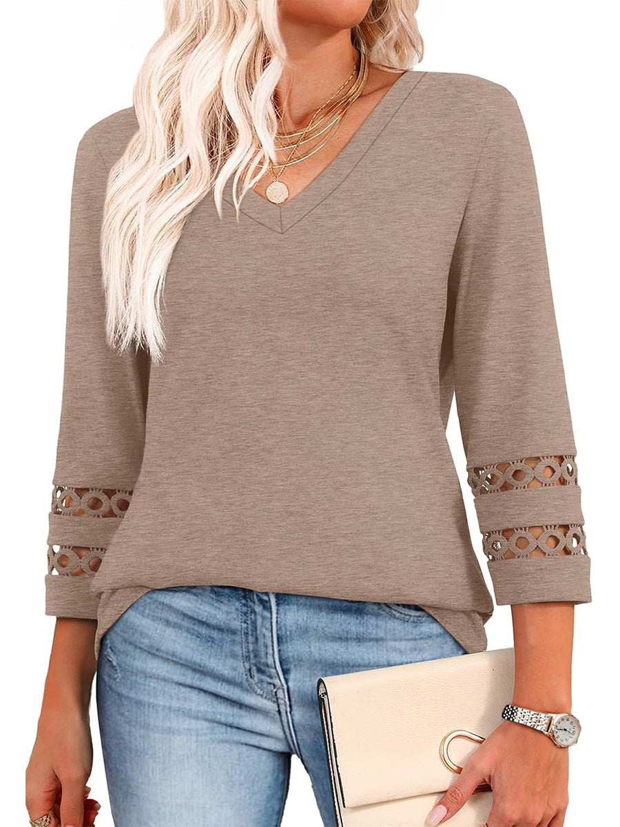 Crochet Sleeve Trim V Neck Shirt - Khaki