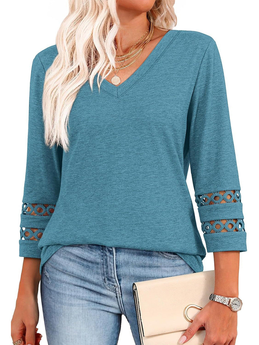 Crochet Sleeve Trim V Neck Shirt - LakeBlue